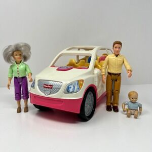 Fisher Price Loving Family SUV Musical Car White Pink w/ Grandma Dad Baby Figure